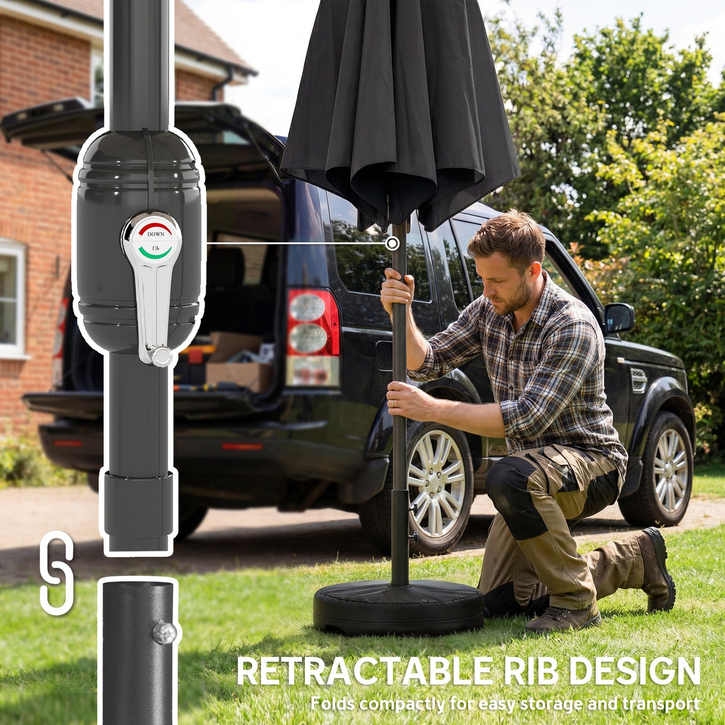 2.7 m Garden Parasol Umbrella with Cross Base and Sandbag, Retractable Ribs, Outdoor Table Market Umbrella, Black