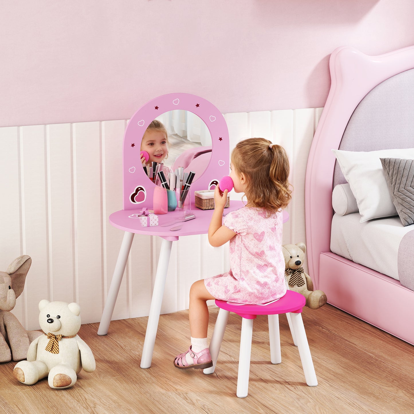 Kids Dressing Table with Mirror and Stool, Girls Vanity Set for Kids Room, Bedroom, Nursery, for Ages 3–6 Years, Pink