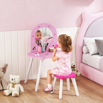 Kids Dressing Table with Mirror and Stool, Girls Vanity Set for Kids Room, Bedroom, Nursery, for Ages 3–6 Years, Pink