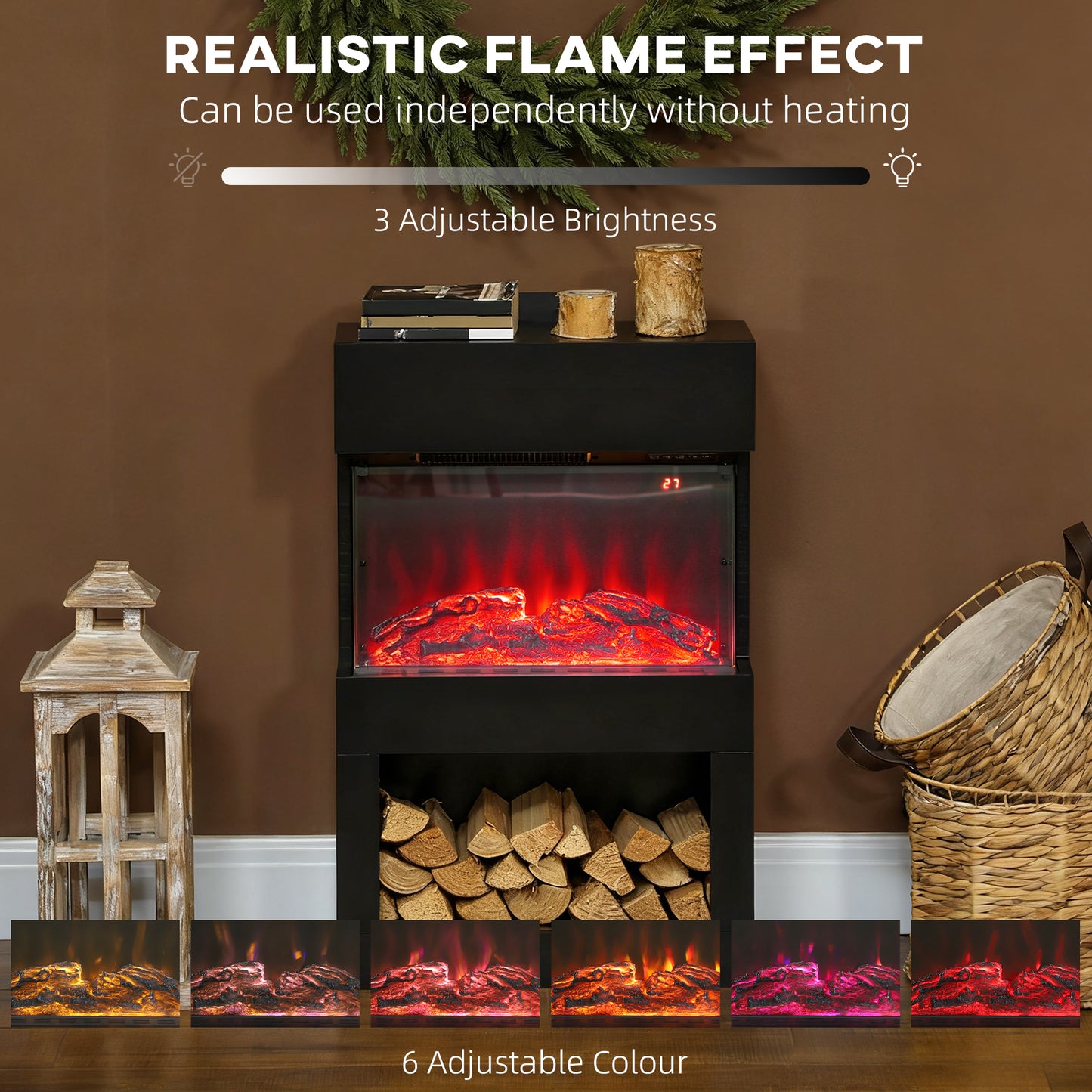 19" Electric Fireplace with Surround, 3D Flame Effect, 6 Colours & 3 Brightness Levels