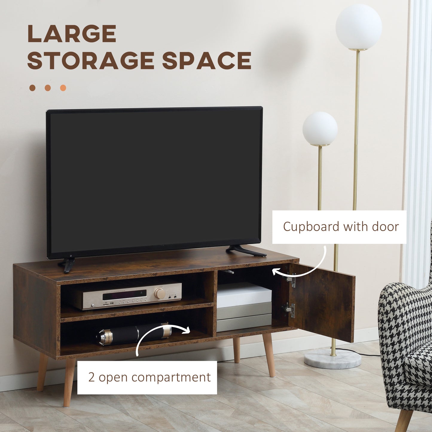 TV Stand Cabinet up to 55 Inches, TV Unit with Single Door and Open Shelves, Cable Holes for Living Room, Bedroom, Brown