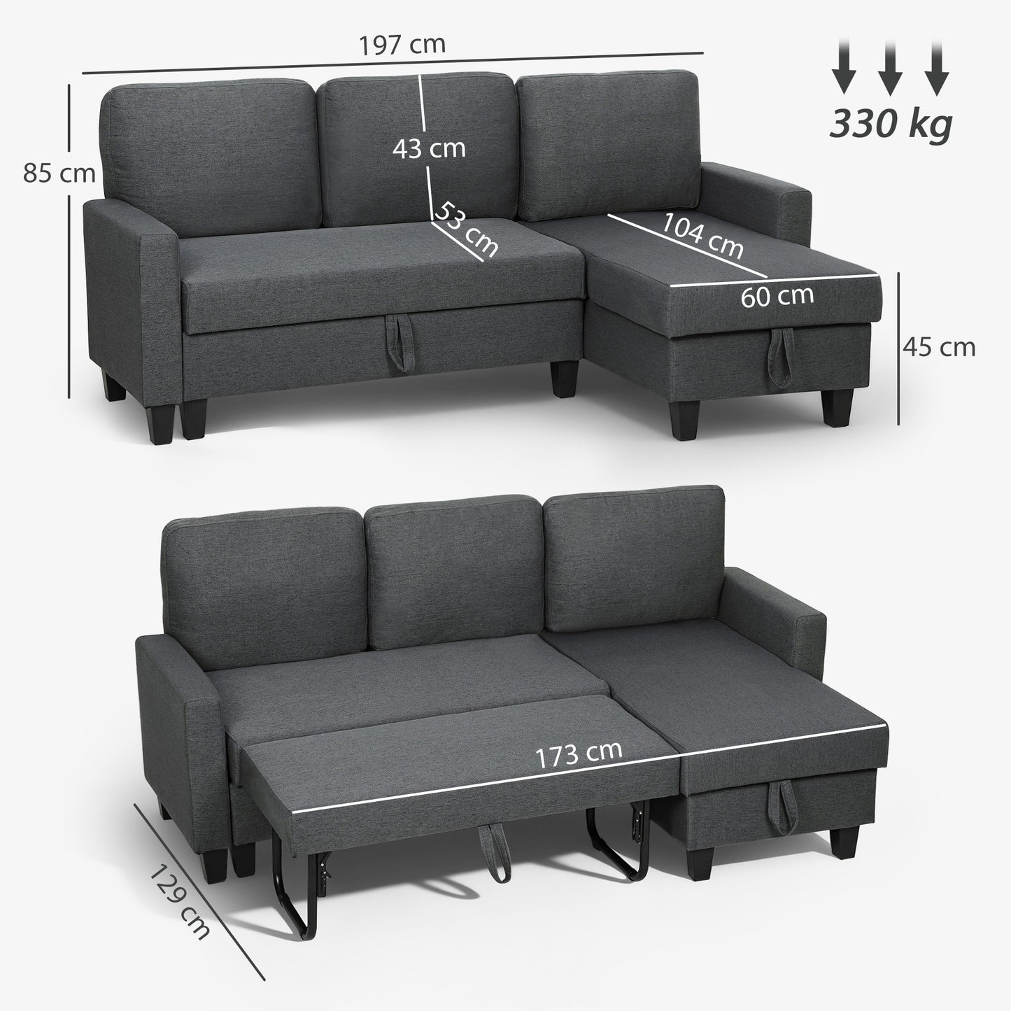 Three-Seater Storage Sofa Bed - Charcoal Grey