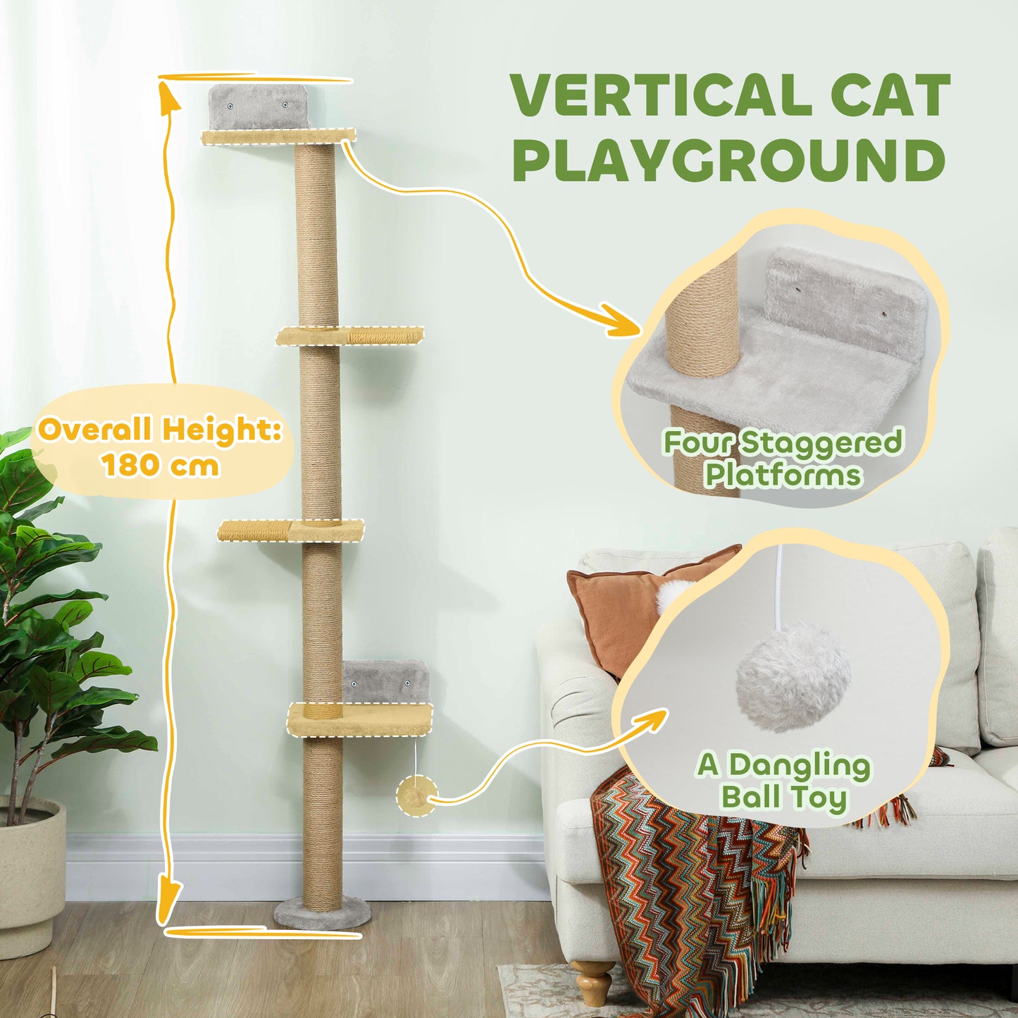 Wall Mounted Cat Shelves, Cat Climbing Wall with 4 Climbing Platforms, Jute Scratching Post and Toy Ball,180cm Tall