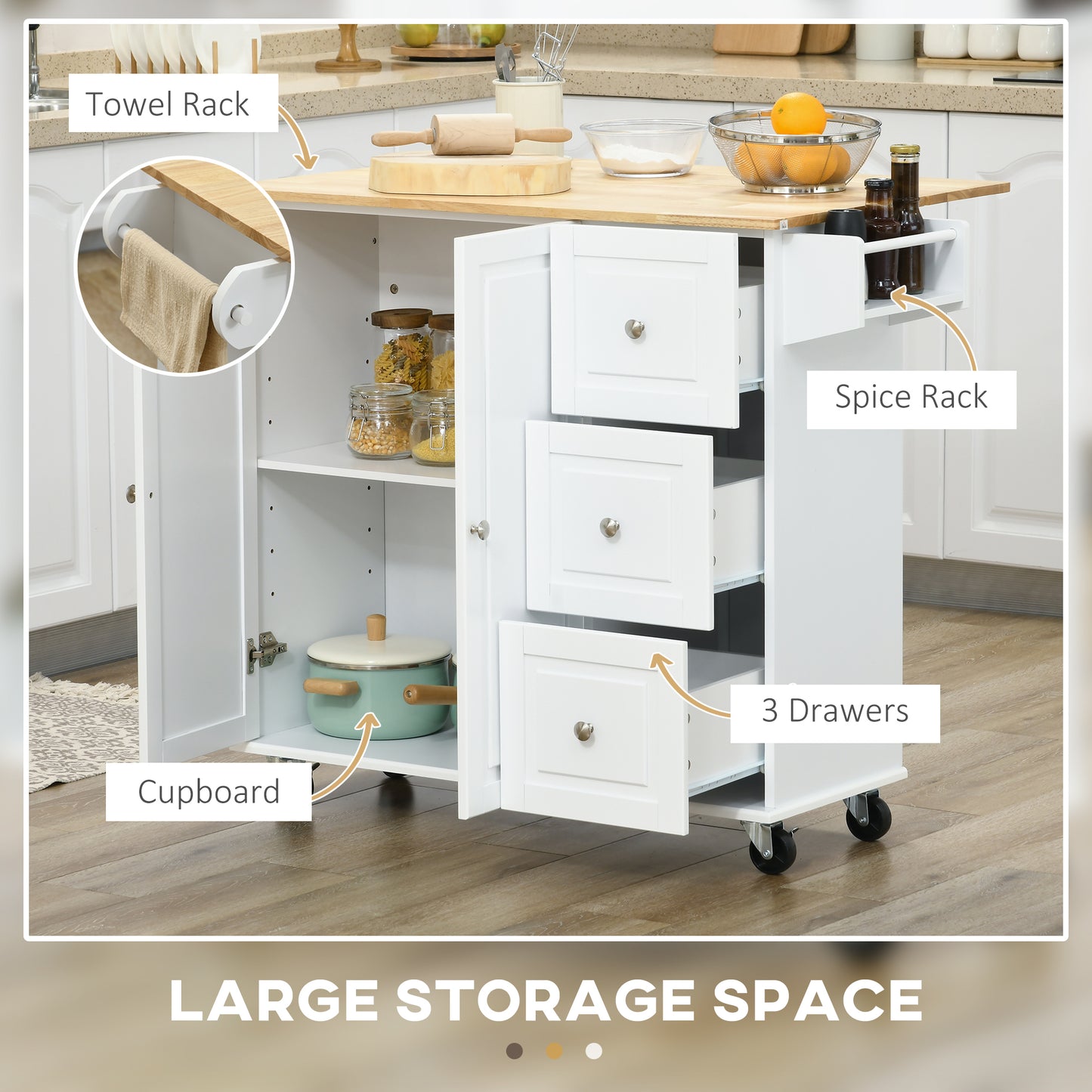 Kitchen Island with Drop Leaf, Rolling Kitchen Storage Trolley on Wheels with 3 Drawers, Spice Rack and Towel Rack