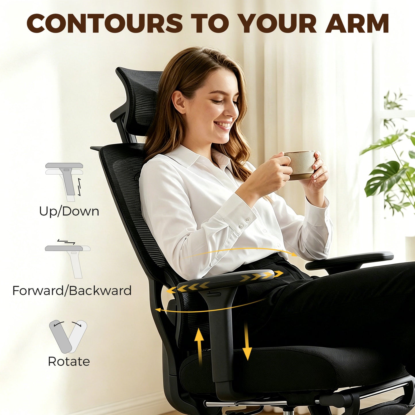 Mesh Desk Chair with 3D Armrests, Ergonomic Office Chair with Rotatable Headrest, Black