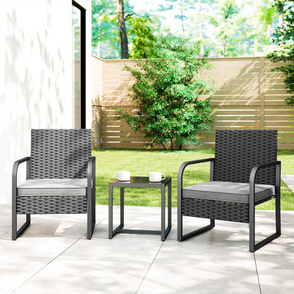 Rattan Bistro Set, 3 Piece Garden Furniture Set with Cushions and Glass Top Table, Black