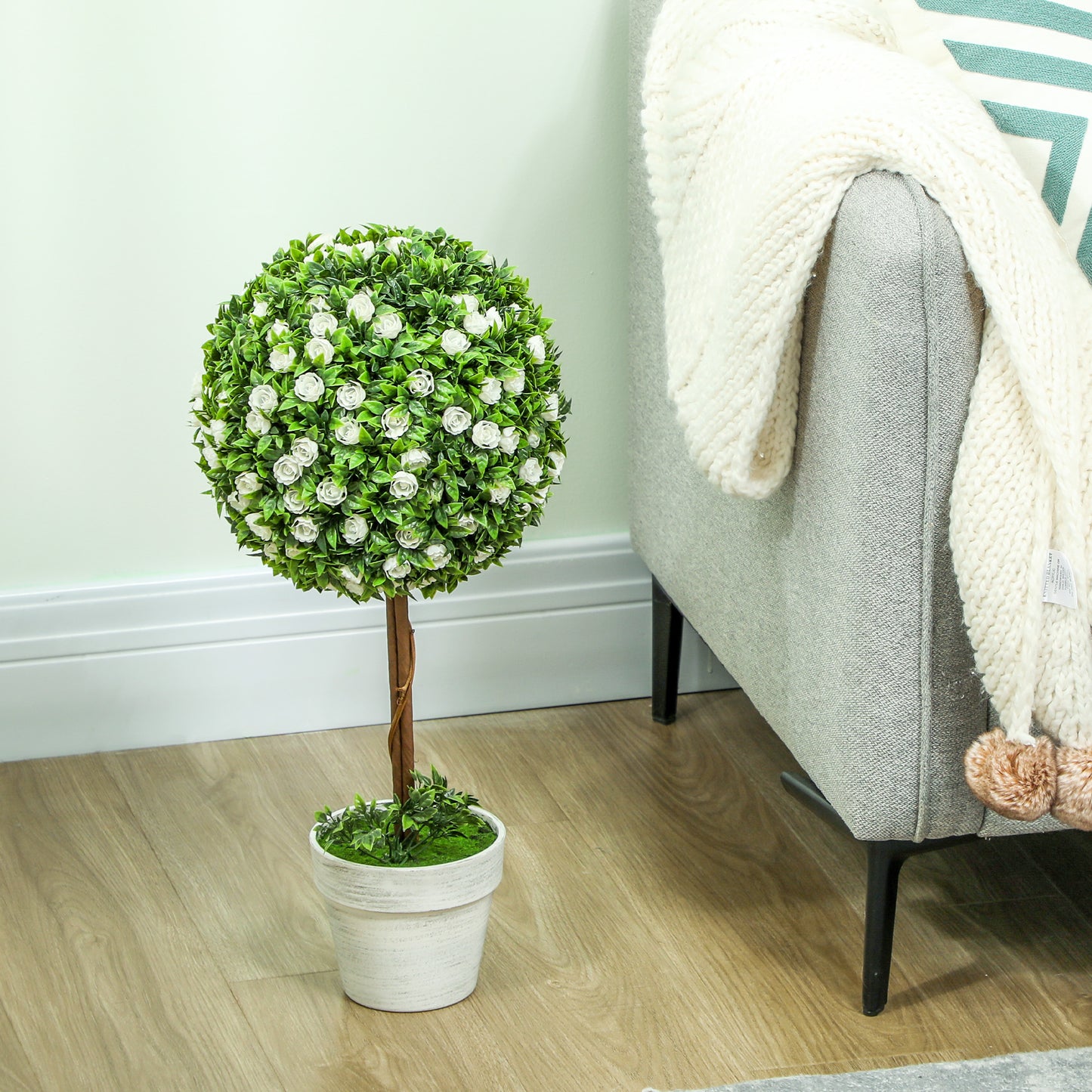 Set of 2 Decorative Artificial Plants, Ball Topiary Tree with Rose Flower in Pot, Fake Plants for Home Indoor Outdoor Decor