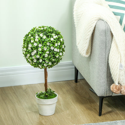 Set of 2 Decorative Artificial Plants, Ball Topiary Tree with Rose Flower in Pot, Fake Plants for Home Indoor Outdoor Decor