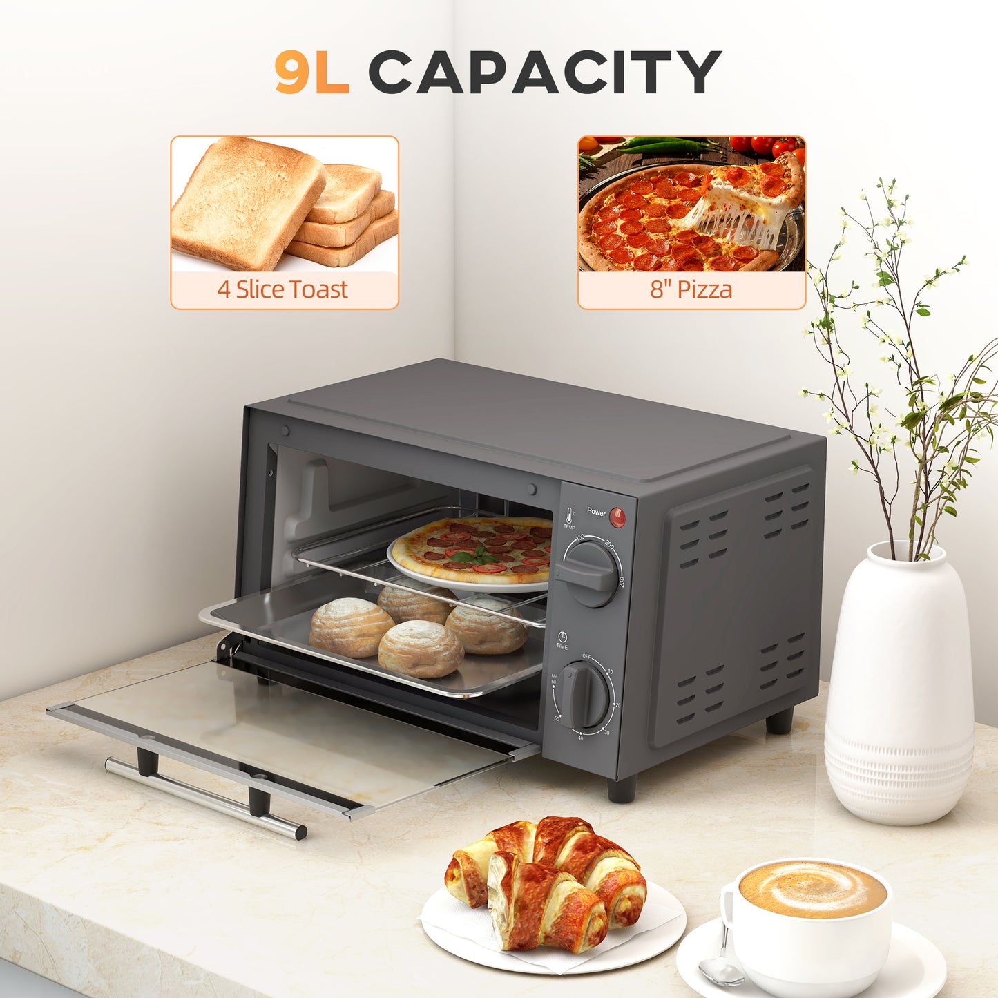 Mini Oven, 9L Countertop Electric Grill, Toaster Oven with Adjustable Temperature, Timer