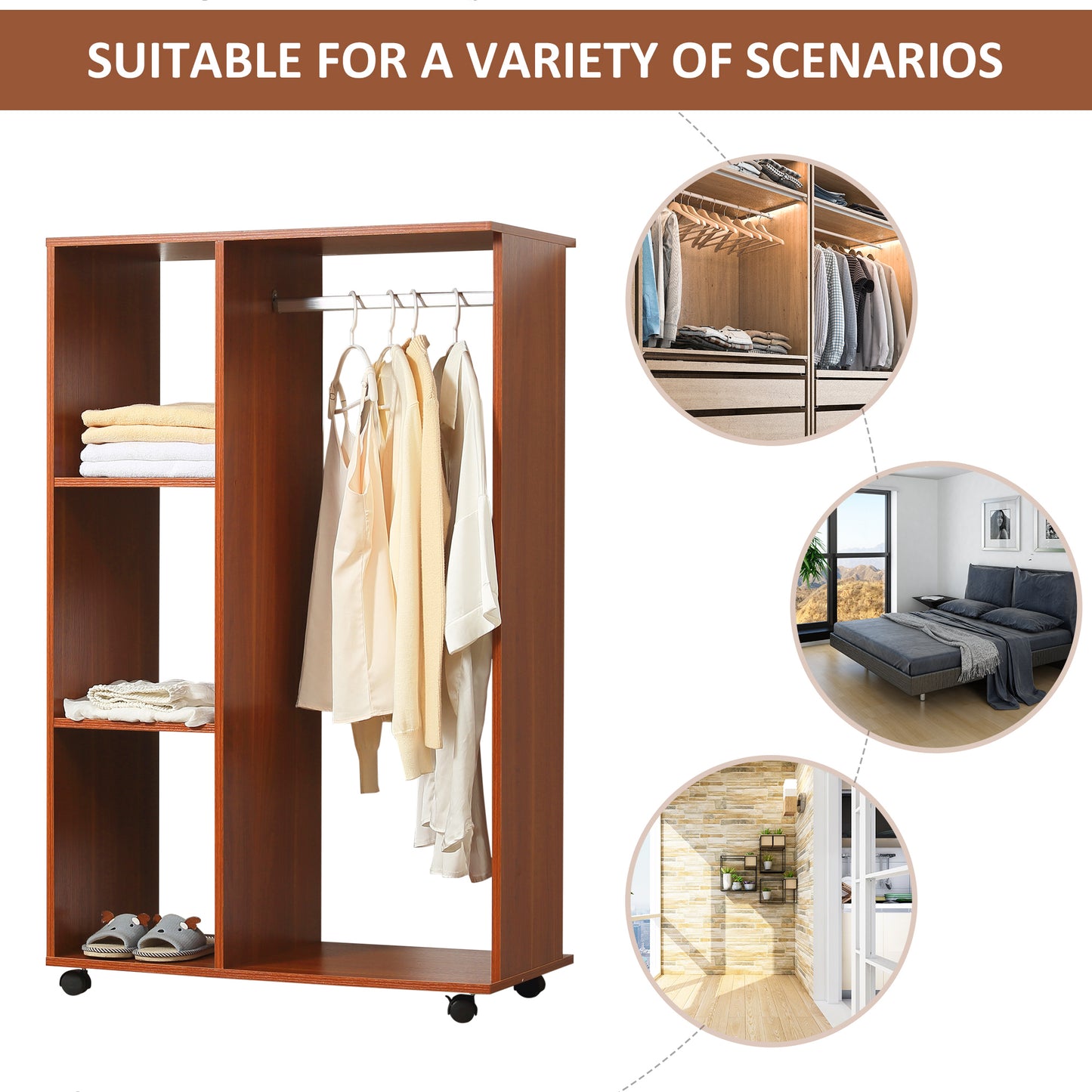 Open Wardrobe on Wheels, Bedroom Wardrobe with Clothes Hanging Rail, 3 Storage Shelves, Mobile Garment Rack for Cloakroom