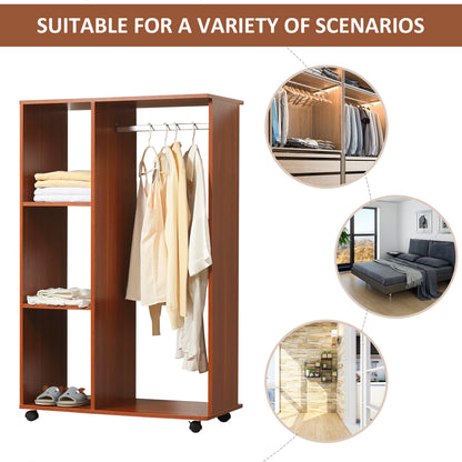 Open Wardrobe on Wheels, Bedroom Wardrobe with Clothes Hanging Rail, 3 Storage Shelves, Mobile Garment Rack for Cloakroom