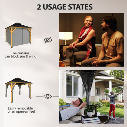 3 x 3 m Outdoor Hardtop Gazebo Canopy with 2-Tier Steel Roof, Wood Garden Gazebo with Curtains, Grey