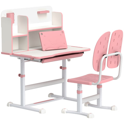 Height Adjustable Kids Desk and Chair Set, Children School Study Desk with Tiltable Desktop, Reading Rack, Pink