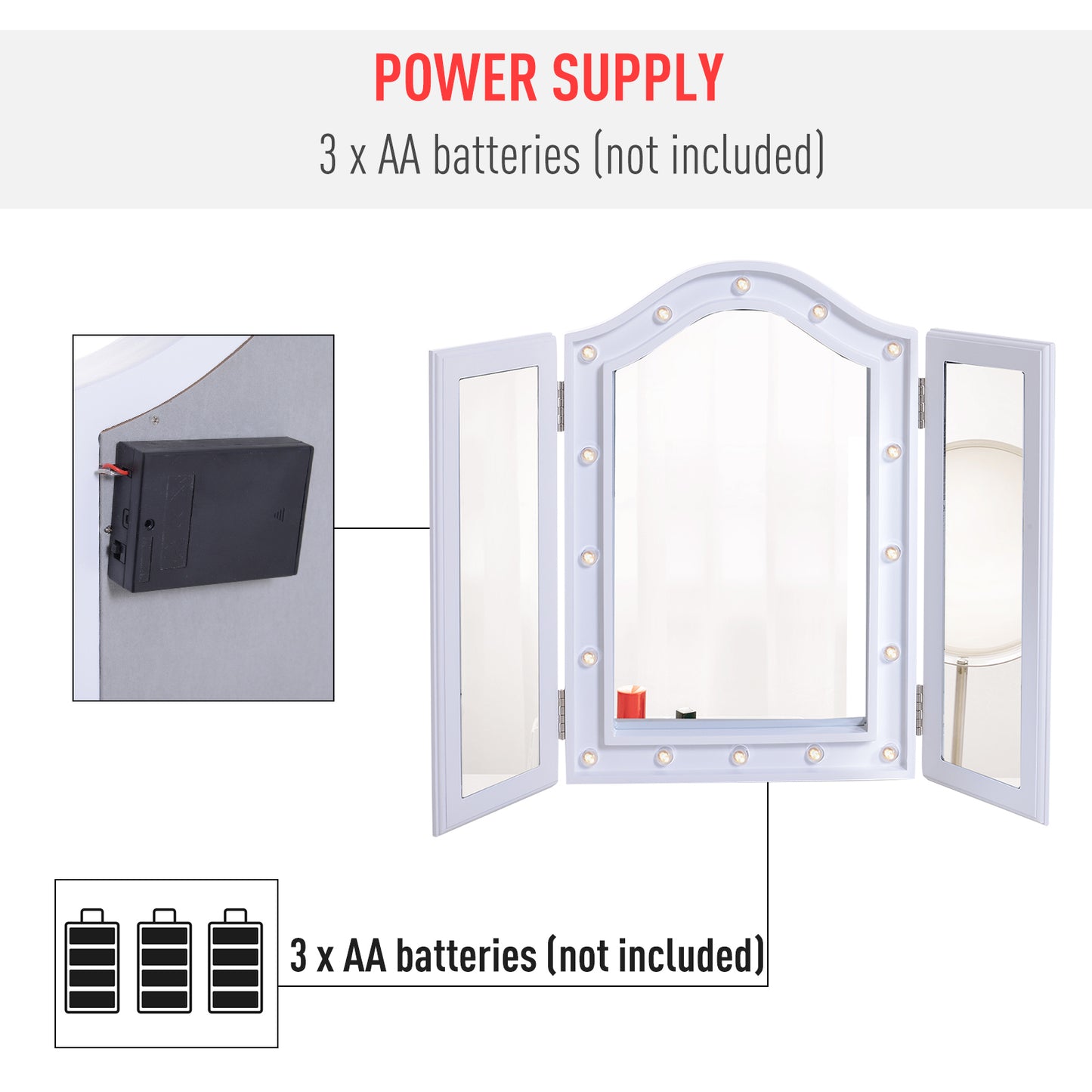 Trifold Tabletop Mirror, 73x53.5cm Makeup Mirror Large Cosmetic w/16 LED Lights Powered by Batteries, Foldable For Bedroom