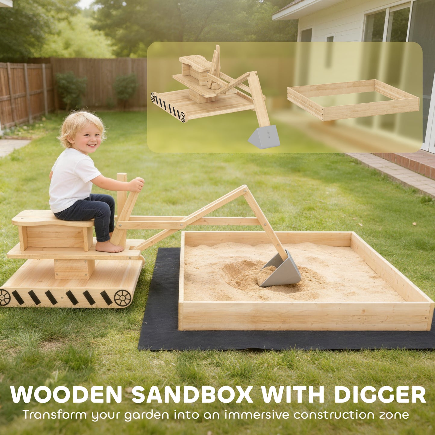 Wooden Sand Pit with Digger, Kids Sandbox Outdoor, SandPit with 360 Swivel Seat and Bottom Liner
