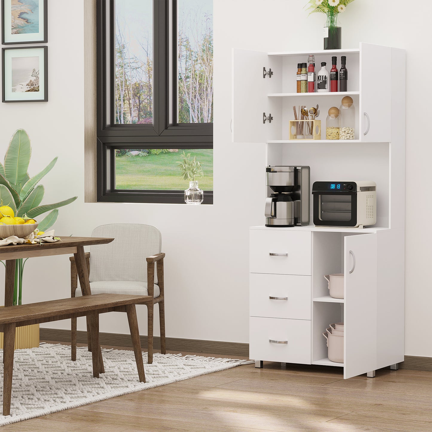 183.5cm Free standing Kitchen Cupboard, Storage Cabinet with Doors and Sheleves, 3 drawers and Open Space