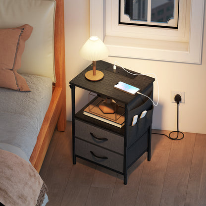 Bedside Table with Charging Station - Black