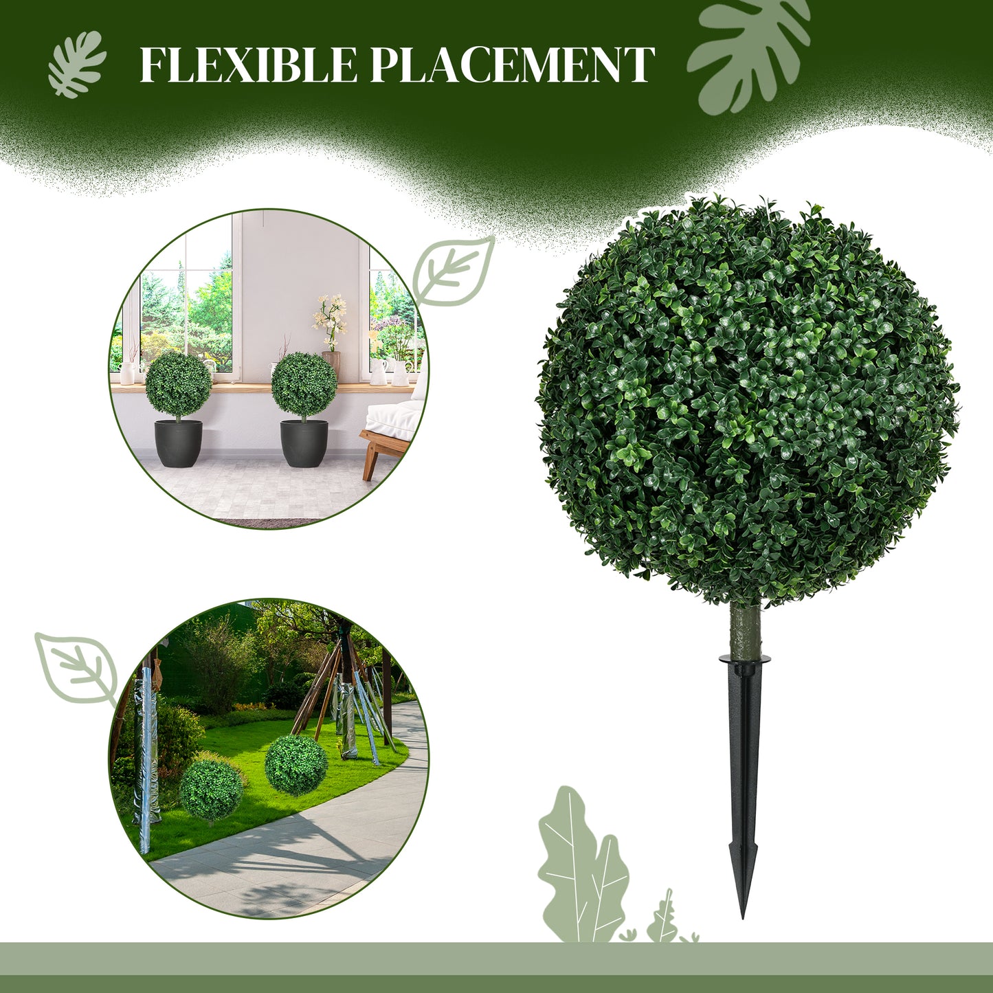 Artificial Boxwood Trees w/ Ground Stake, Set of 2 Ball Shaped Topiary Trees for Home Office & Living Room, UV Resistant