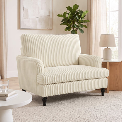 Corduroy Single Sofa Armchair, Modern Accent Chair with Stripes, Turned Legs and Wide Seat, Cream