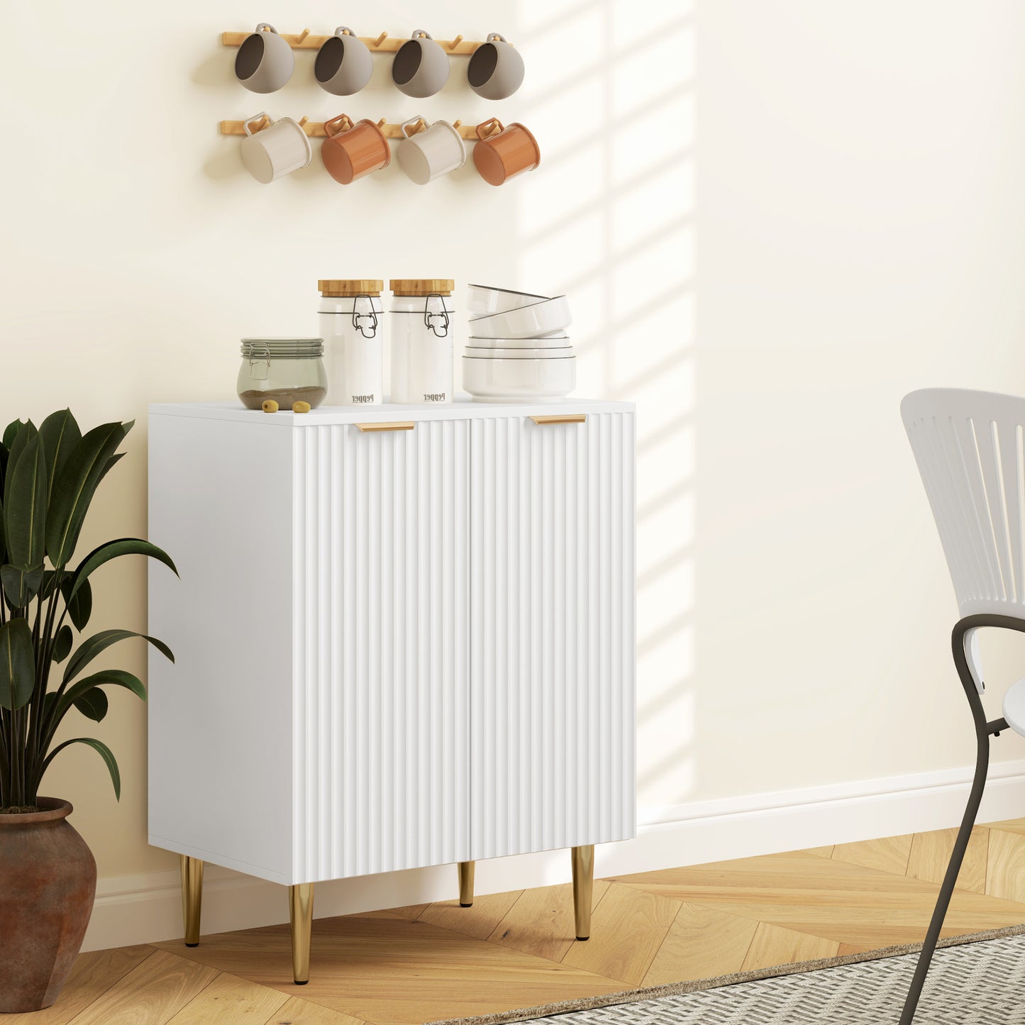 Sideboard Buffet Cabinet, Modern Kitchen Storage Cabinet with Adjustable Shelf and Metal Legs, White