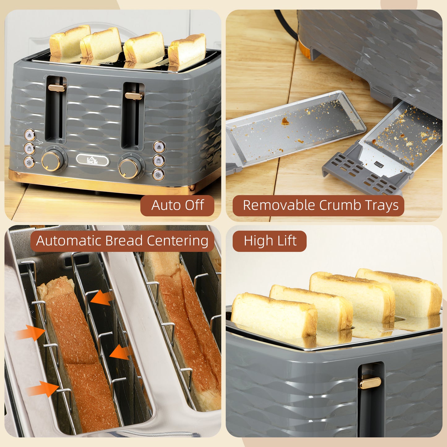Four-Slice Rippled Toaster - Grey