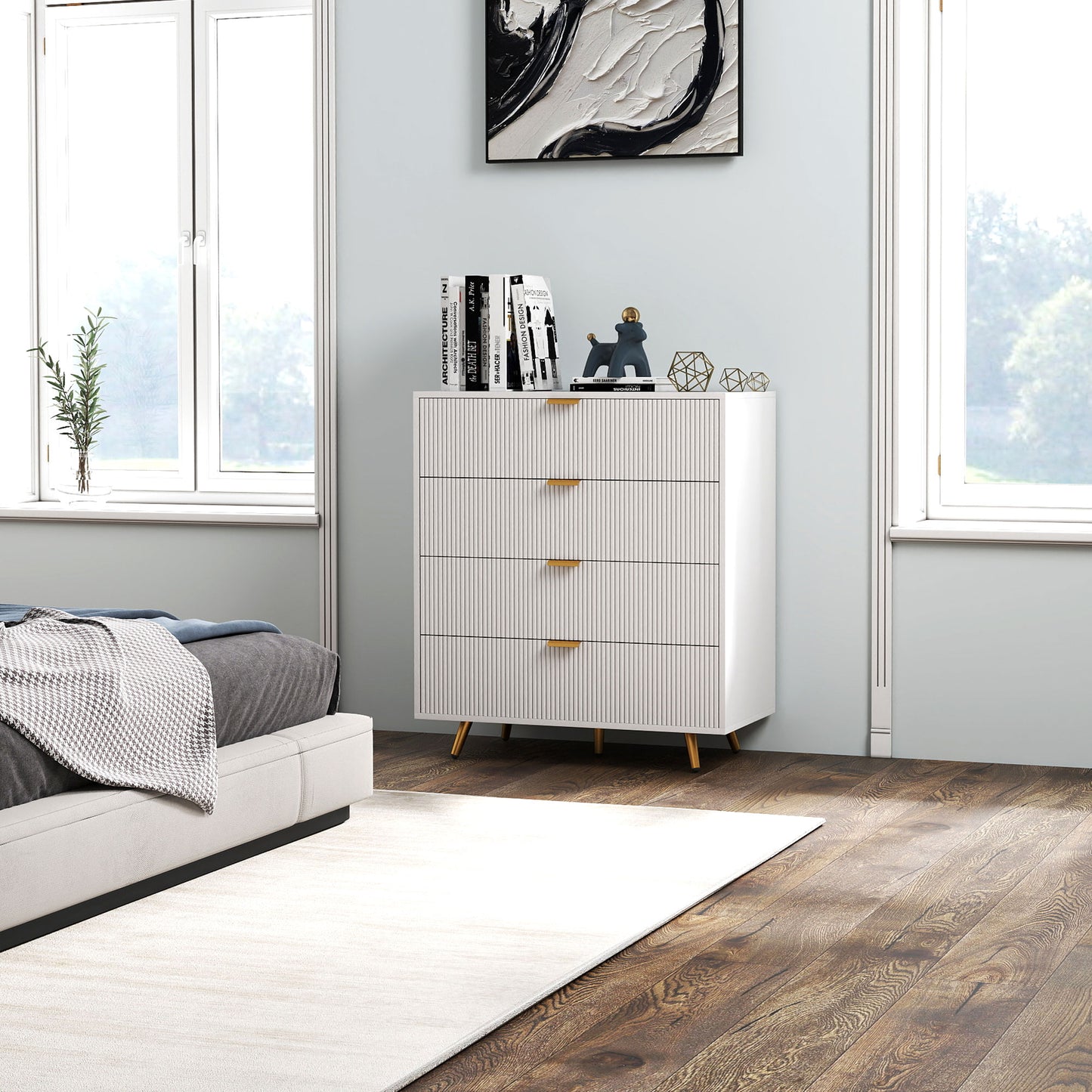 Elegant Four-Drawer Bedside Table - White