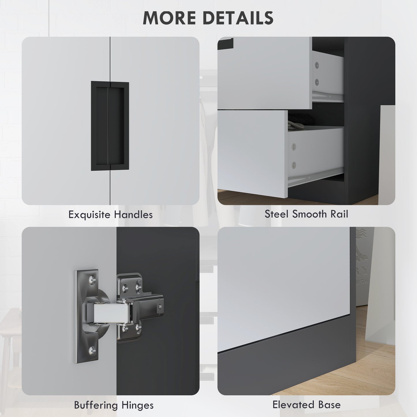 Modern Clothes Storage Cupboard Unit, 3 Drawer 2 Door Wardrobe with Hanging Rod, Grey