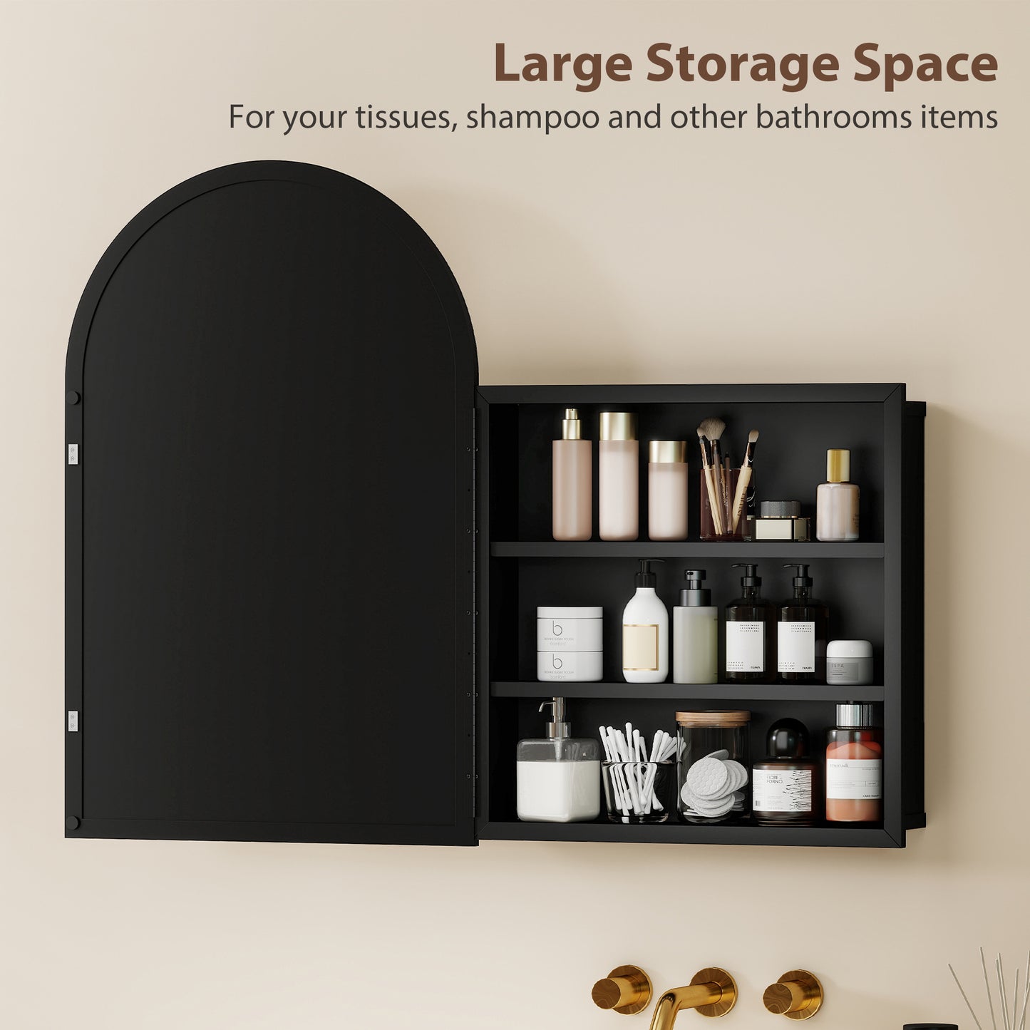Bathroom Mirror Cabinet with Mirror, Arched Wall Mounted Bathroom Cabinet with Storage Shelves, Black