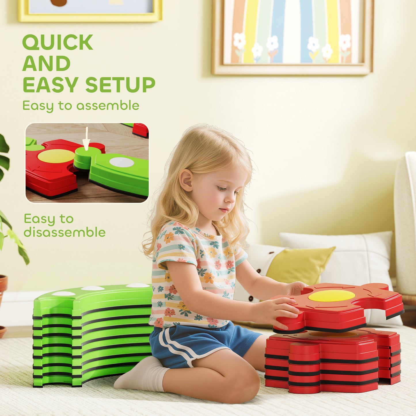 13 PCS Kids Balance Beam Stepping Stones Set with Non-slip Textured Surface, Outdoor Indoor for Toddlers, Green