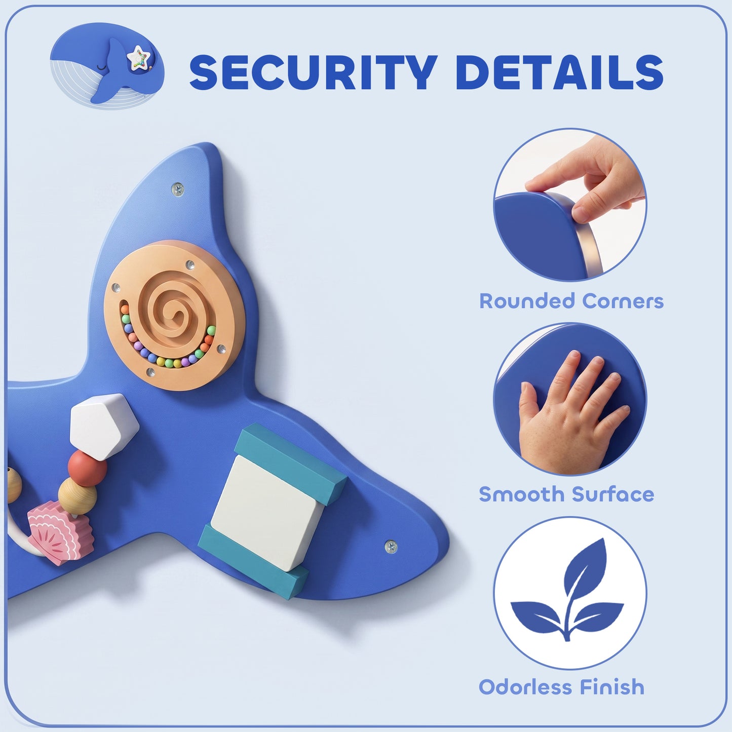 Whale Activity Wall Busy Board, 13 in 1 Montessori Inspired Sensory Wall Panel for Playroom Nursery Boys Girls 2+, Blue