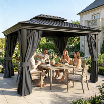 3.65 x 3m Aluminium Hardtop Gazebo, with Accessories - Dark Grey