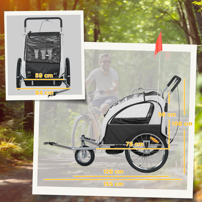 2 Seat Bike Trailer with 5 Point Harness, Baby Bike Stroller with Safety Flag, Reflectors, for 18+ Months, Black