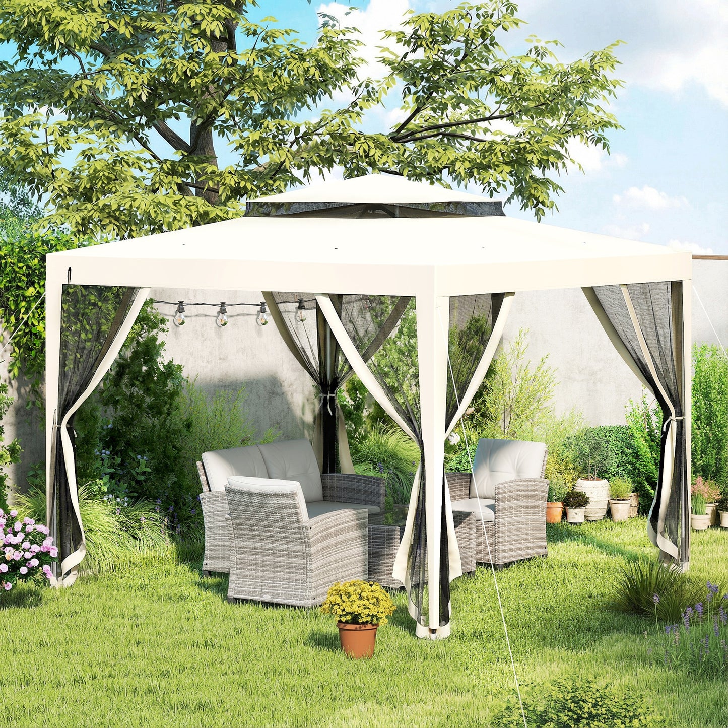 3 x 3 m Gazebo, Netting Party Tent, Patio Canopy Outdoor Event Shelter with Double Tier Roof, Cream White