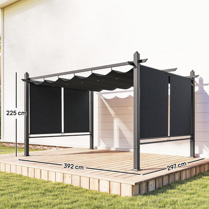 4 x 3 m Garden Pergola with Retractable Roof Canopy and Roll-Up Sides, Outdoor Gazebo Pergola Kit, Dark Grey