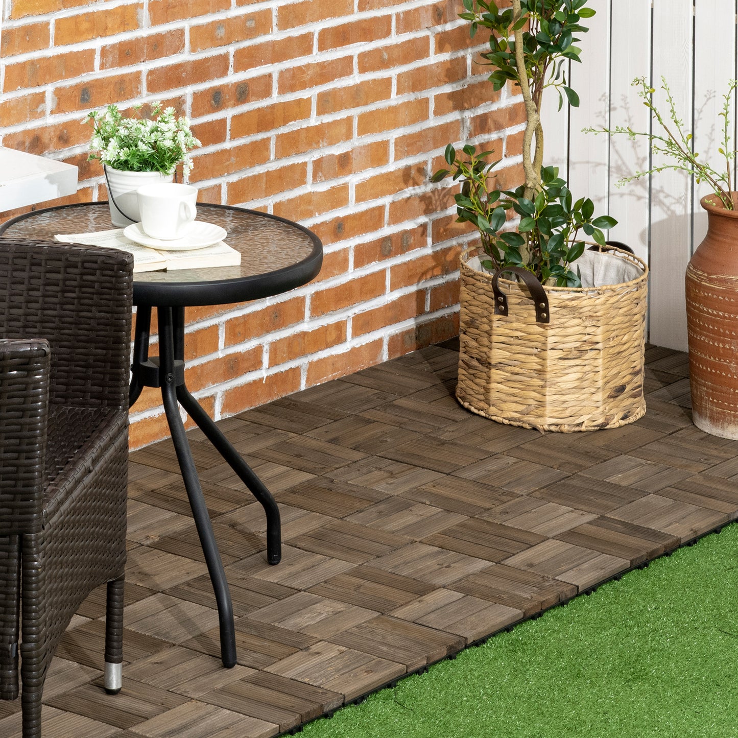 27 Pcs Wooden Interlocking Decking Tiles, Outdoor Flooring Tiles for Patio, Balcony, Terrace, Hot Tub, 30 x 30 cm per Piece