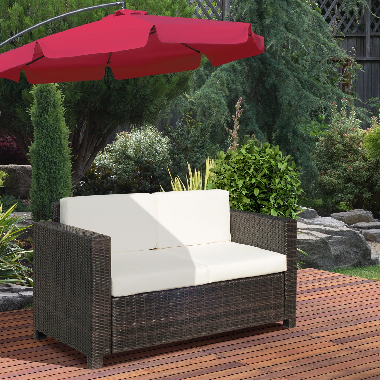 Rattan Sofa, 2 Seater Garden Furniture with Soft Padded Cushion and Armrests, Wicker Garden Loveseat for Patio, Mixed Brown