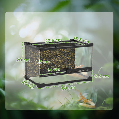 Reptile Glass Terrarium with Stone Background, Front Ventilation, Escape-Proof Knob Lock, 30 x 20 x 20 cm, Black