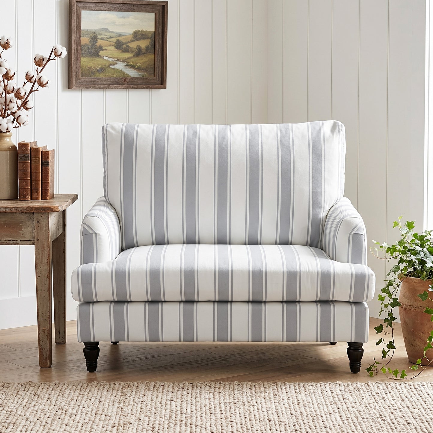 Velvet Single Sofa Armchair, Modern Accent Chair with Stripes, Turned Legs and Wide Seat, Grey