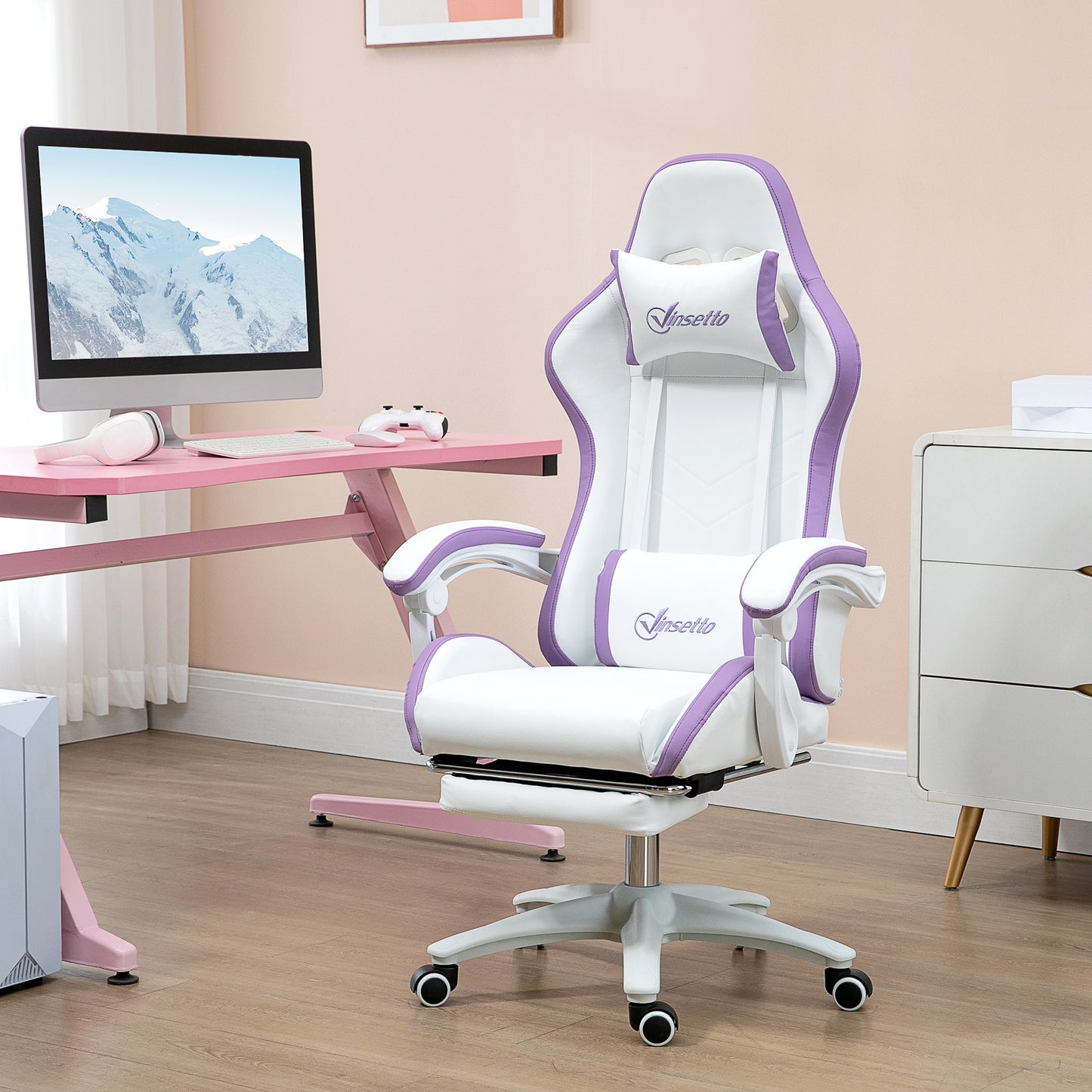Computer Gaming Chair, PU Leather Office Desk Chair with Footrest, Swivel Wheels, 135° Reclining Back, Lumbar Support