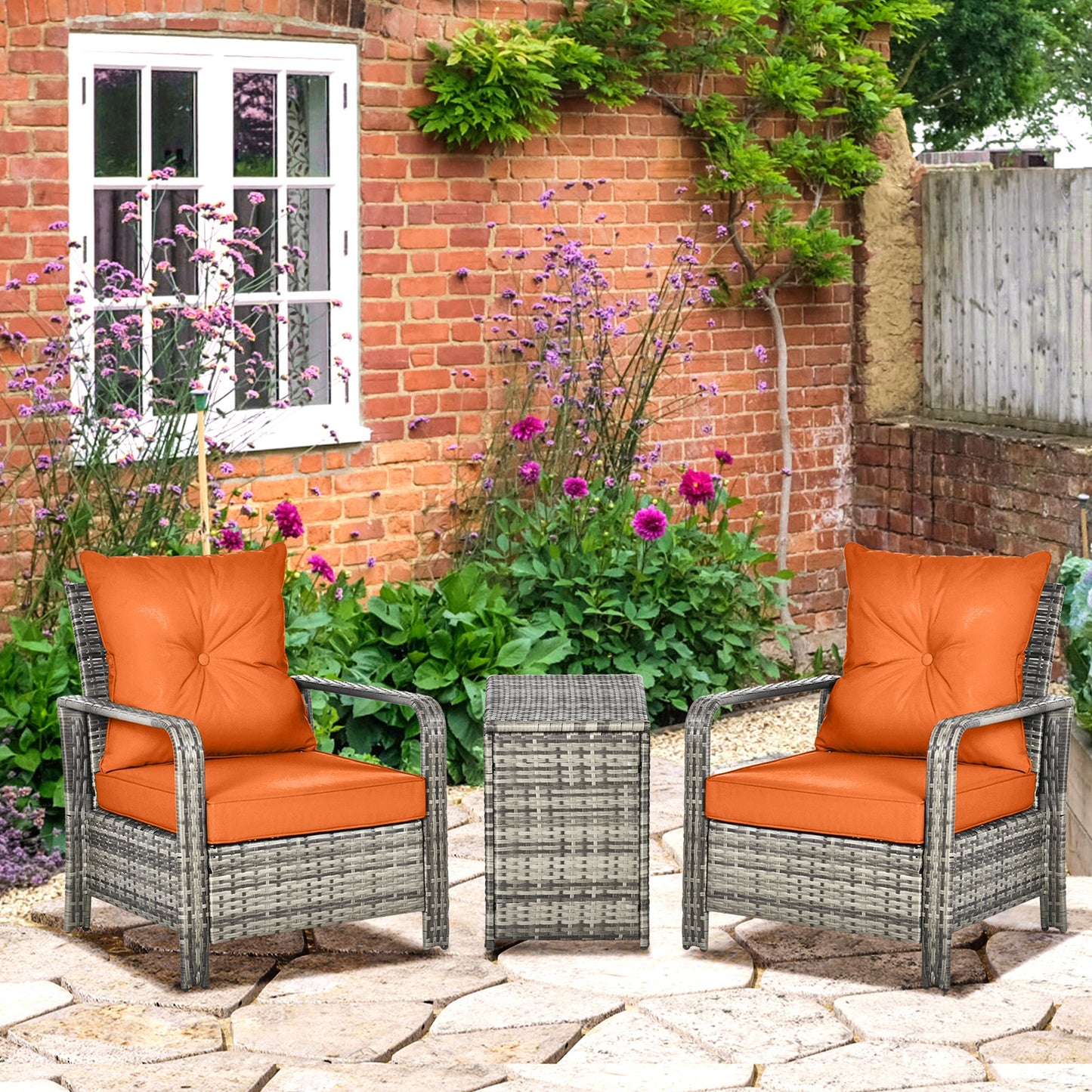 3 Pieces Rattan Bistro Set, Wicker Garden Furniture Set with 72 L Storage Coffee Table and Chairs, Orange