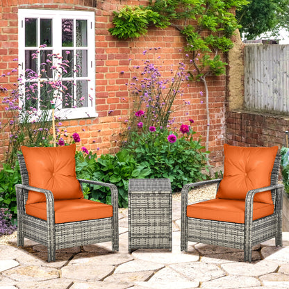 3 Pieces Rattan Bistro Set, Wicker Garden Furniture Set with 72 L Storage Coffee Table and Chairs, Orange