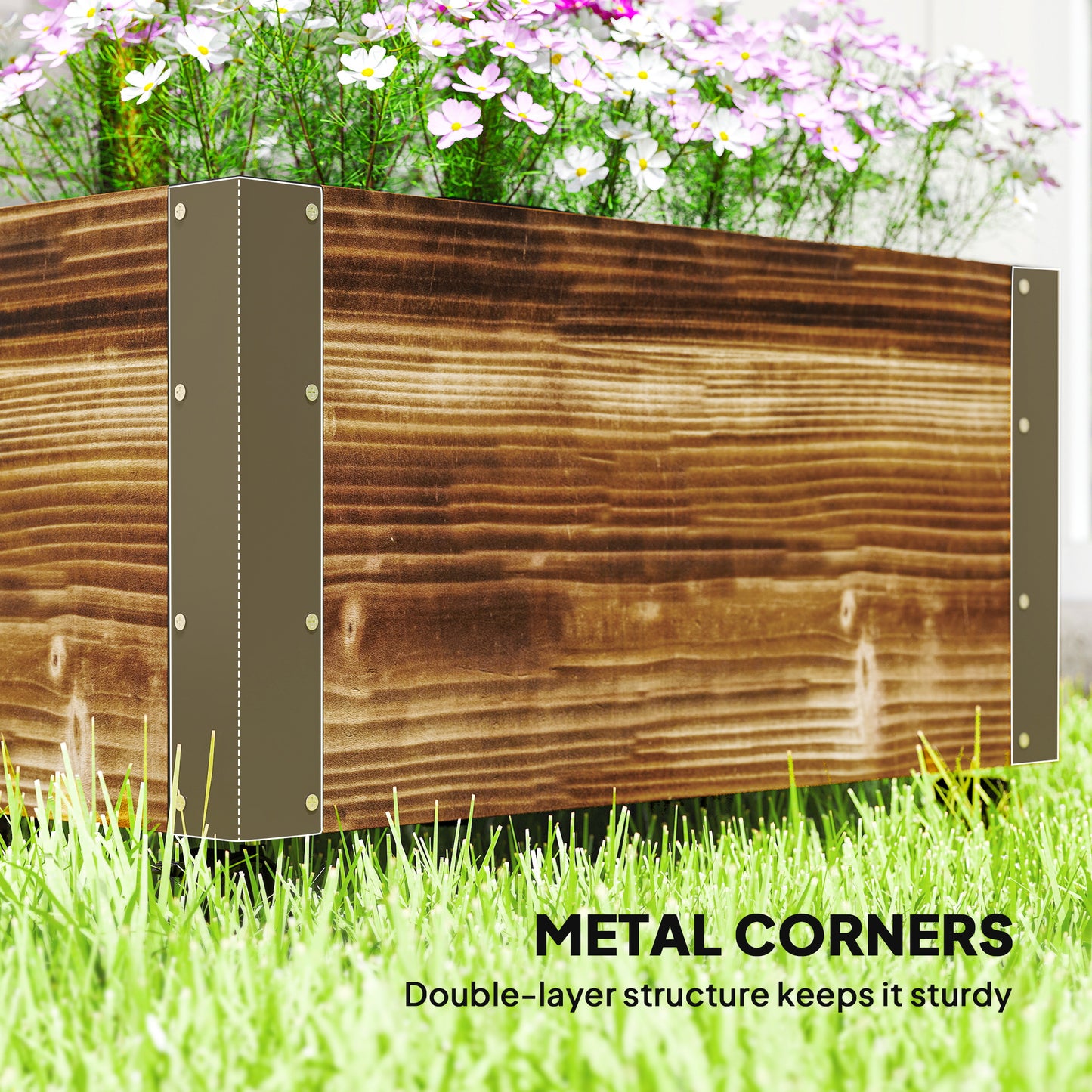 Raised Garden Bed with Trellis, Outdoor Wooden Planter Box with Metal Corners and Wheels, Raised Bed for Garden