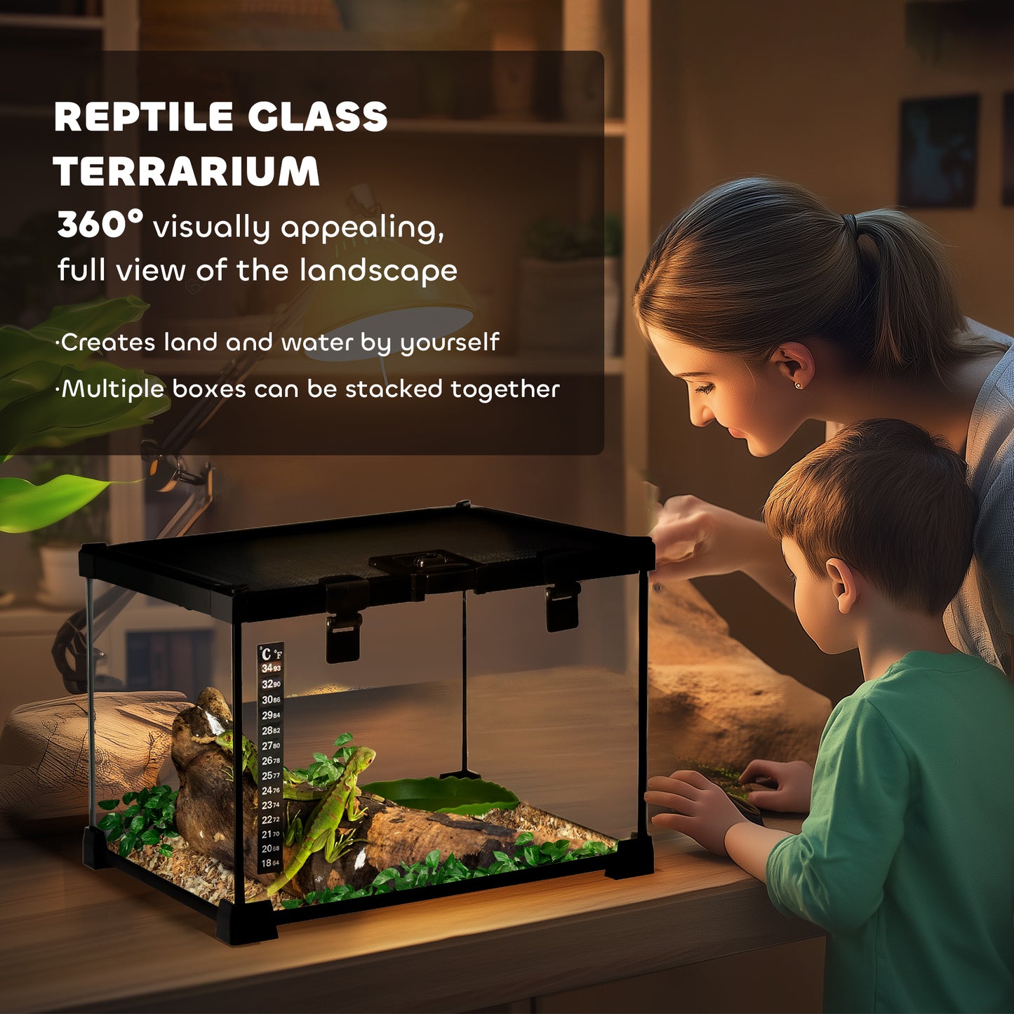 Glass Reptile Terrarium Insect Breeding Tank Vivarium Habitats with Thermometer for Lizards, Horned Frogs, Snakes, Spiders