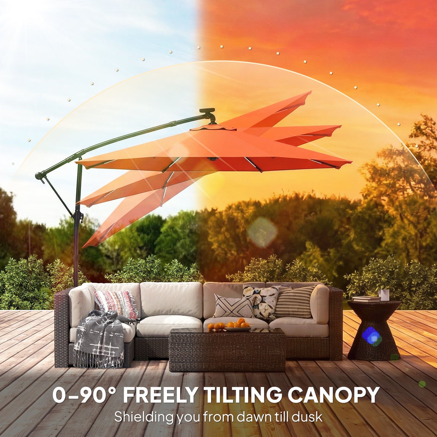 3 m Garden Cantilever Parasol with LED Solar Light, Round Overhanging Umbrella with 360° Rotation, Cover, Orange