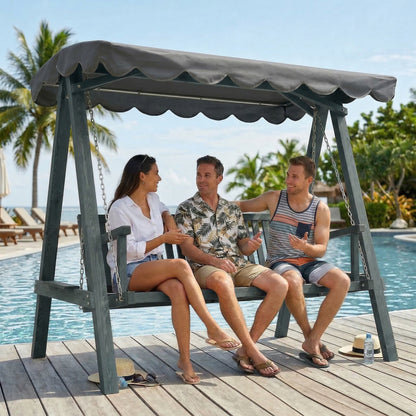 3 Seater Garden Swing Seat with Canopy, Wooden Swing Chair, Outdoor Hammock Bench for Balcony Patio Porch, Grey