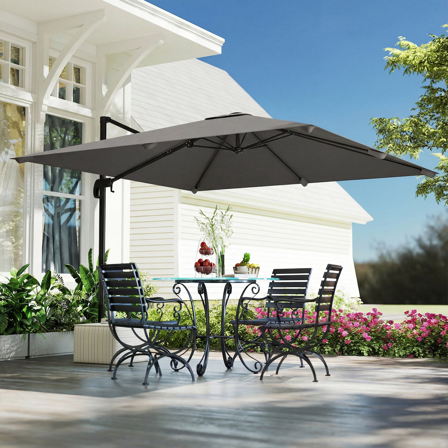 3 x 3 m Cantilever Parasol, Square Patio Umbrella with Crank Handle, Cross Base, Tilt, 360° Rotation, Dark Grey