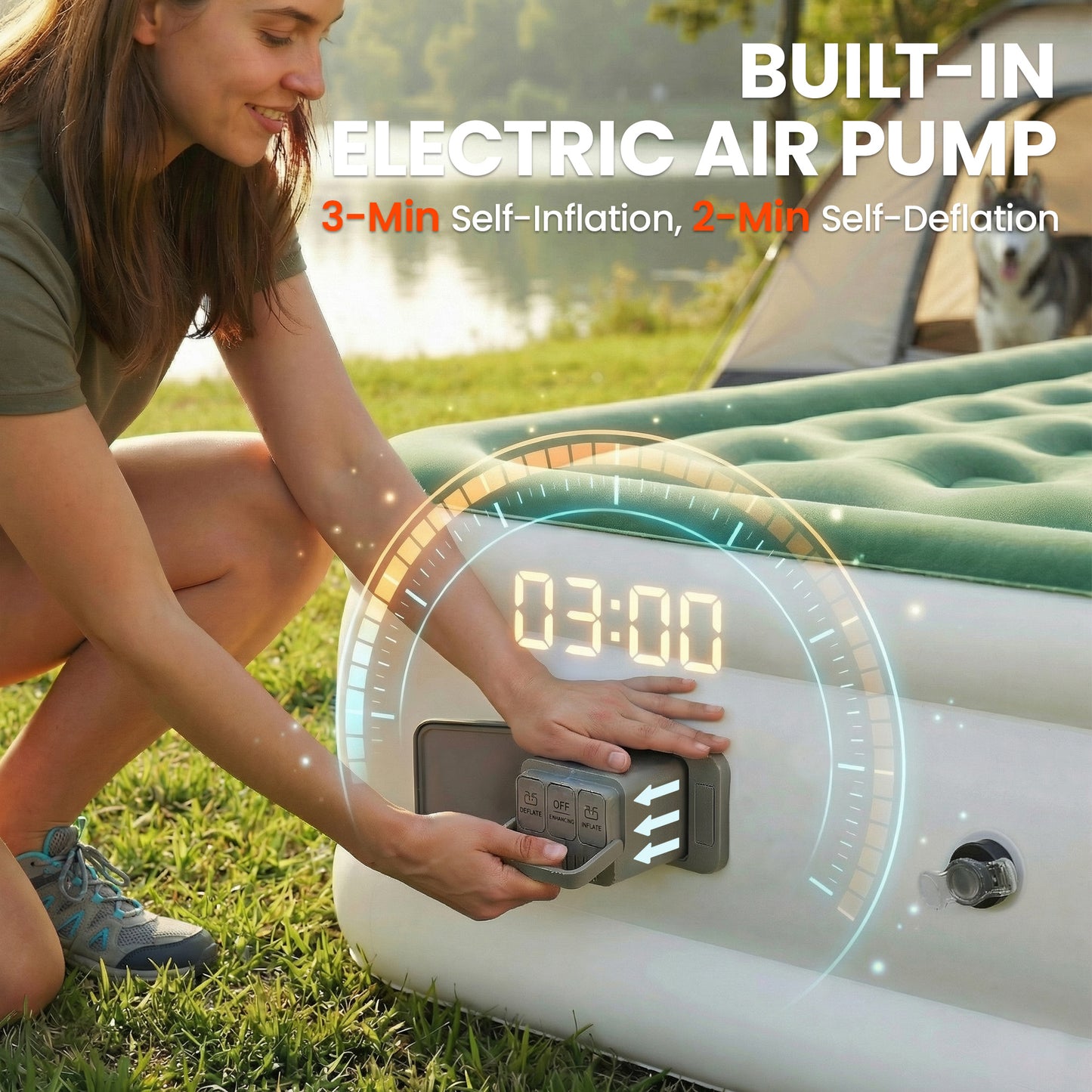 Inflatable Mattress, Double Air Bed with Built-in Electric Pump, 3 Mins Inflation, Flocked Surface, Dark Green