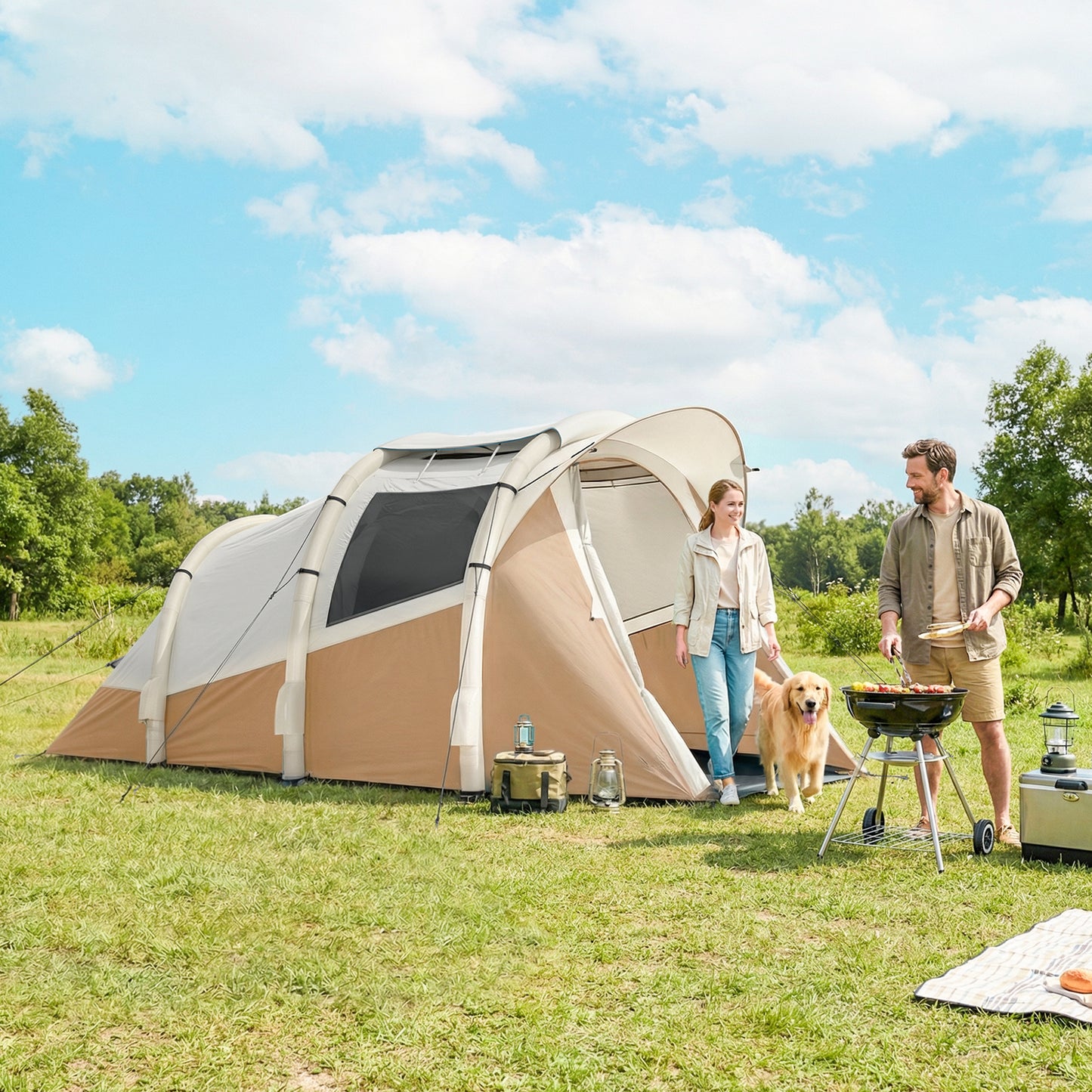 Inflatable Camping Tent w/ Air Pump, Easy Setup 2-3 Person Blow Up Tent, Khaki