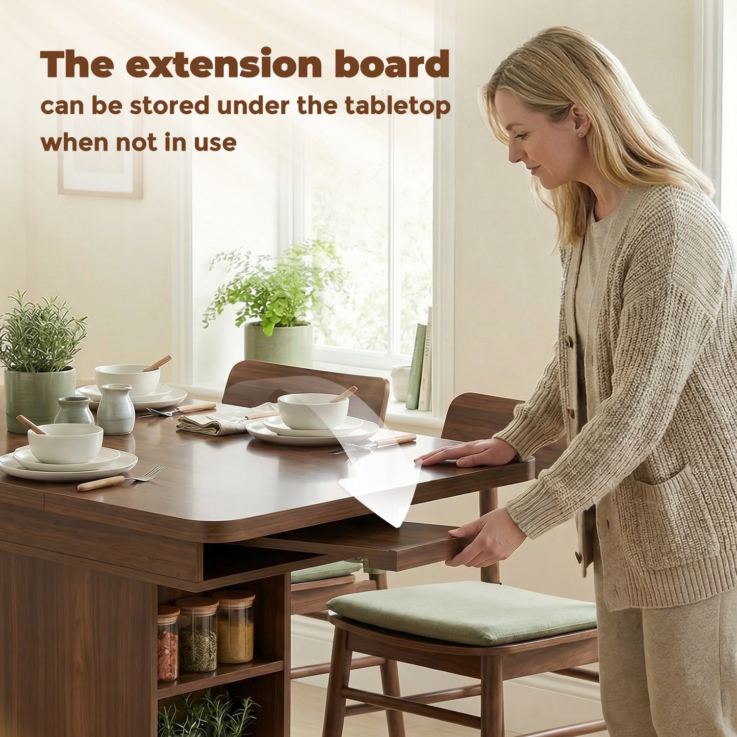 Extendable Dining Table for 4-6 People, 110-130cm Kitchen Table with 6 Open Shelves, Walnut Brown