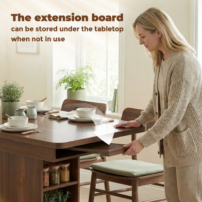 Extendable Dining Table for 4-6 People, 110-130cm Kitchen Table with 6 Open Shelves, Walnut Brown